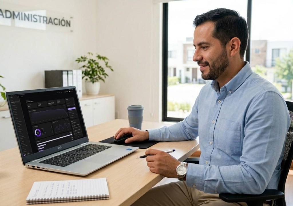 Administrador en oficina de administración revisando dashboard en laptop